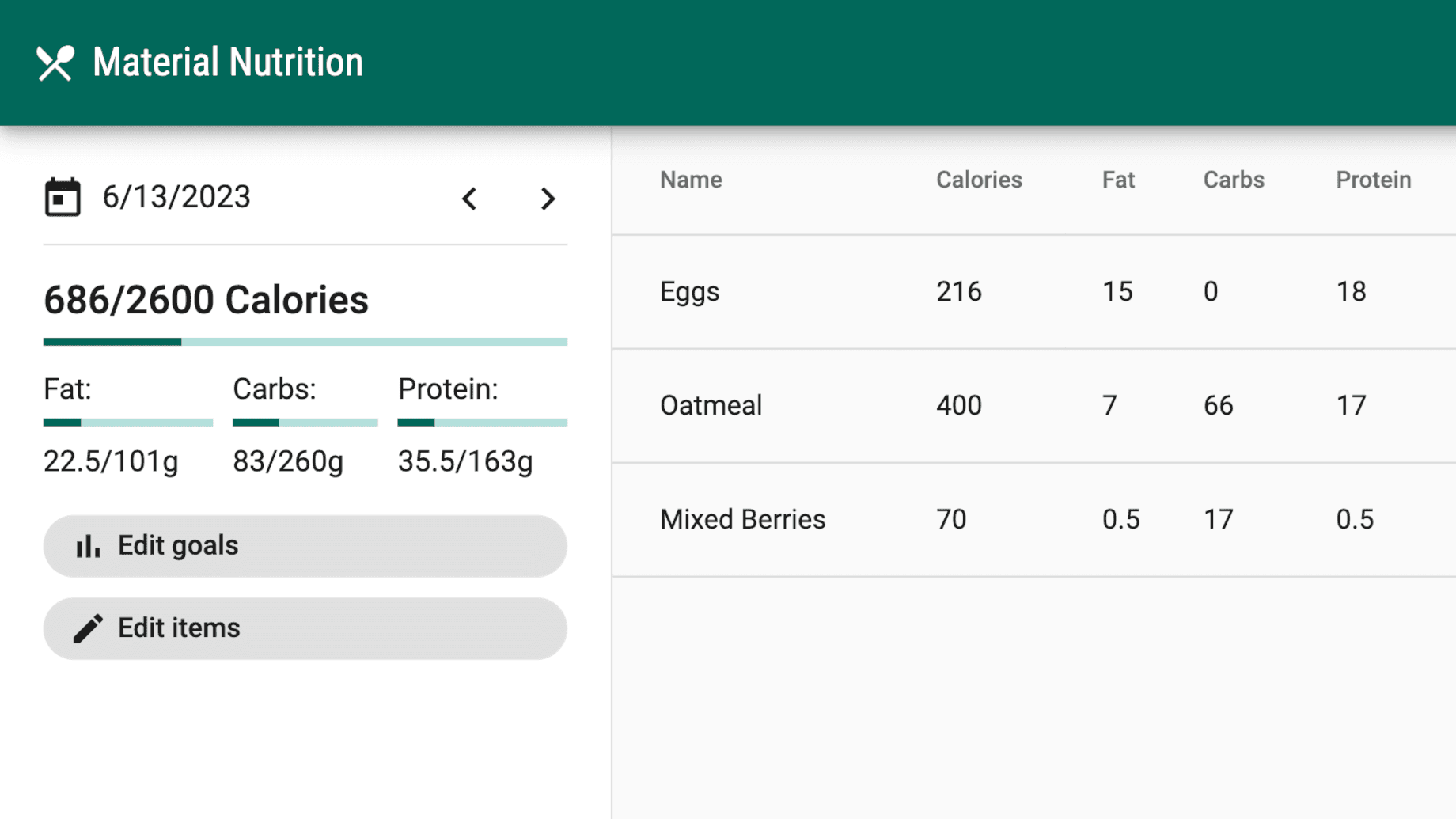 Material Nutrition Screenshot